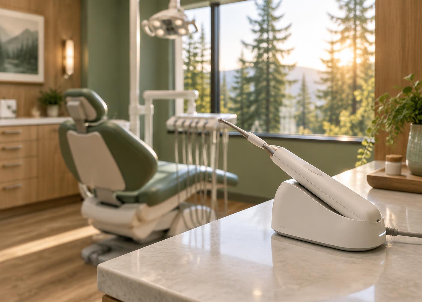 Gentle anesthesia wand resting in its cradle in a sunlit treatment room